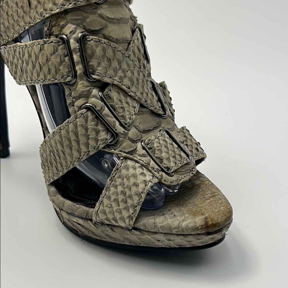 Zara Tan High Stiletto Heel Strappy Sandals 39 Beige Snakeskin Buckle Open Toe - Picture 11 of 16